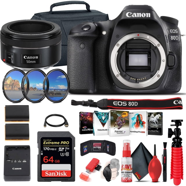 Canon EOS 80D DSLR Camera (Body Only) (1263C004) + EF 50mm Lens + 64GB + More(International Model)