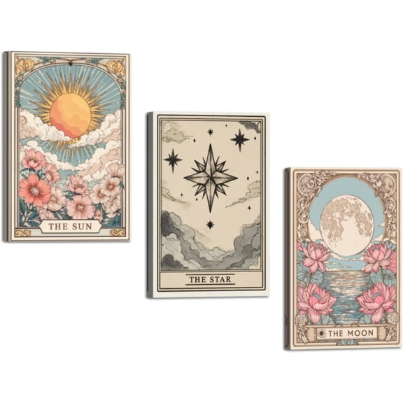 Hieng 3 Pieces Sun and Moon Stars Wall Art Tarot Canvas Prints Celestial Pictures Mystic Themed Paintings Boho Artwork for Office Bedroom Decor Unframed
