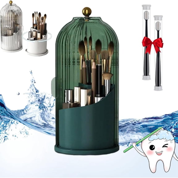 360 Rotating Brush Holder, 360° Rotating Makeup Brush Holder Luxury Cosmetic Organizer, Concealed Toothbrush Holder, Toothbrush Holders with Sliding Lid (Green)