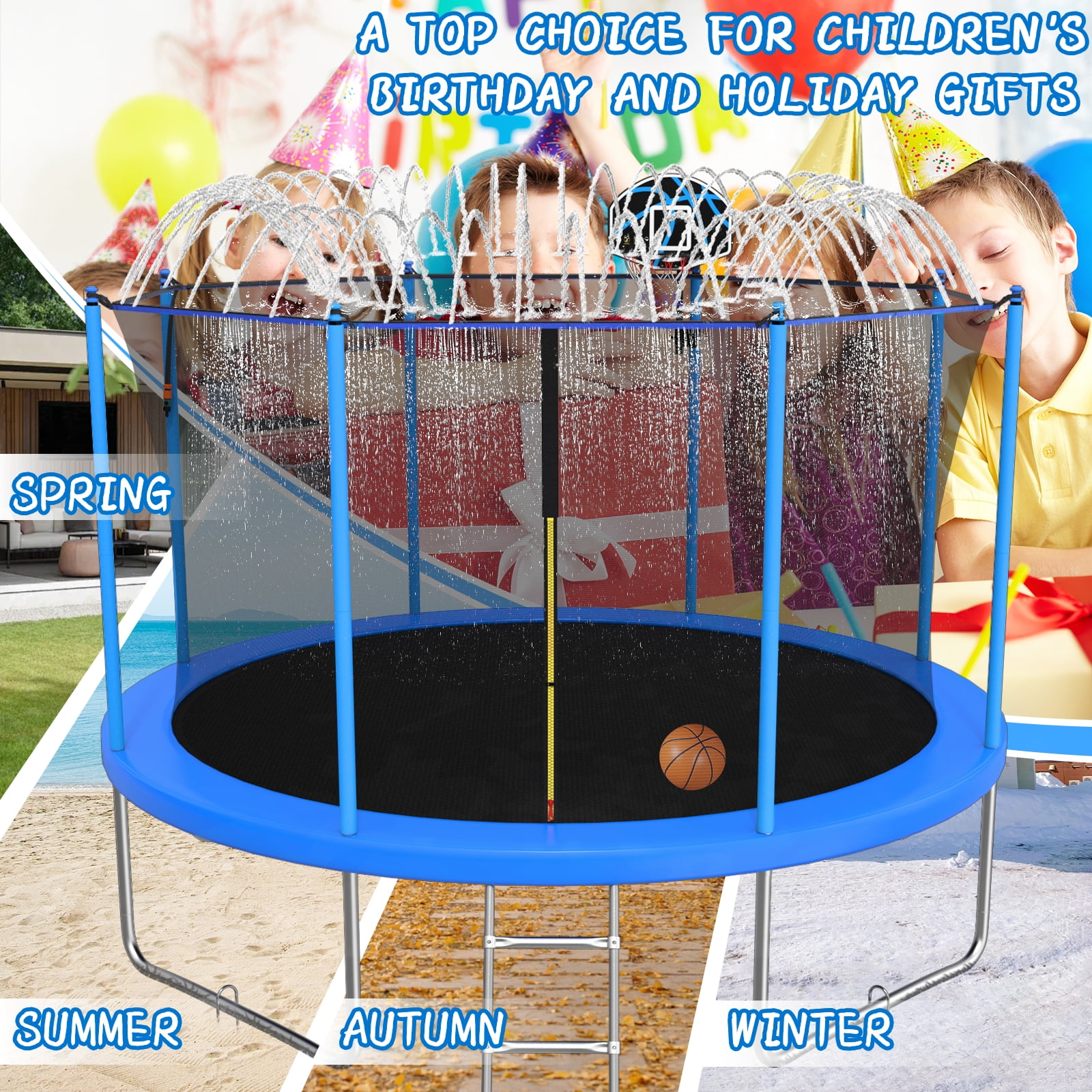 10FT Trampoline for Adults/Kids Outdoor Trampoline with Enclosure Net Basketball Hoop Sprinkler Wind Stakes Ladder Recreational Trampoline for Backyard