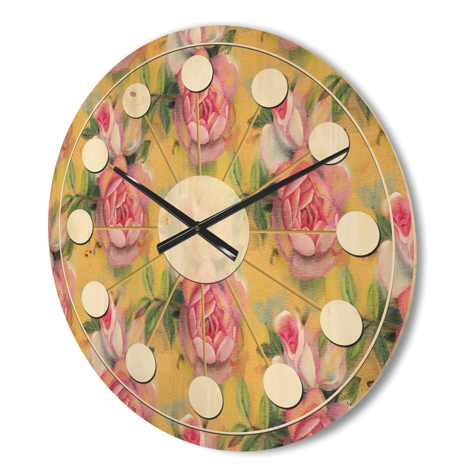 Designart 'Watercolor Pink Roses' Mid-Century Modern Wood Wall Clock