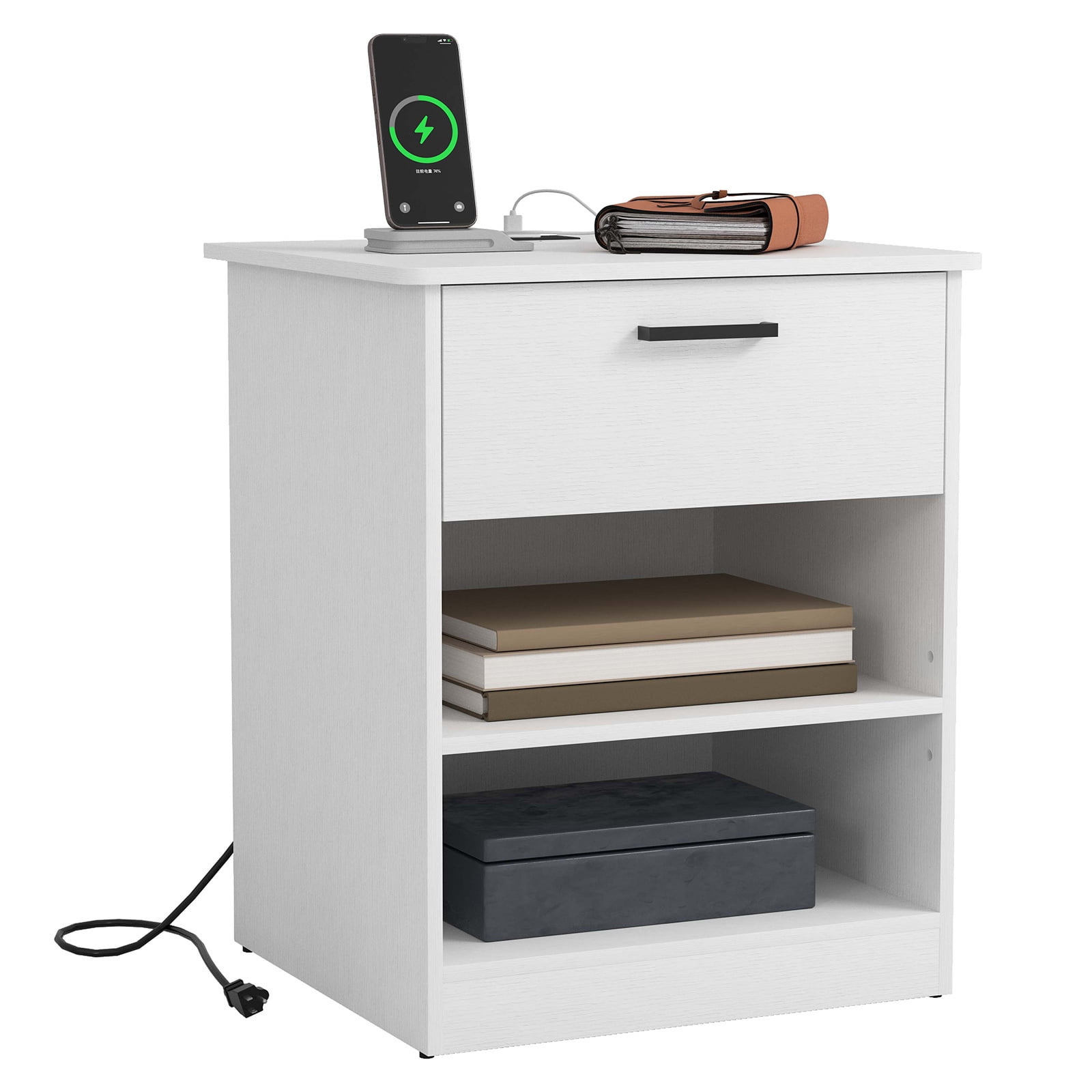 Hommoo Nightstand with Drawer and Open Storage, End Table Bedside Table with Charging Station, for Bedroom, Living Room, White