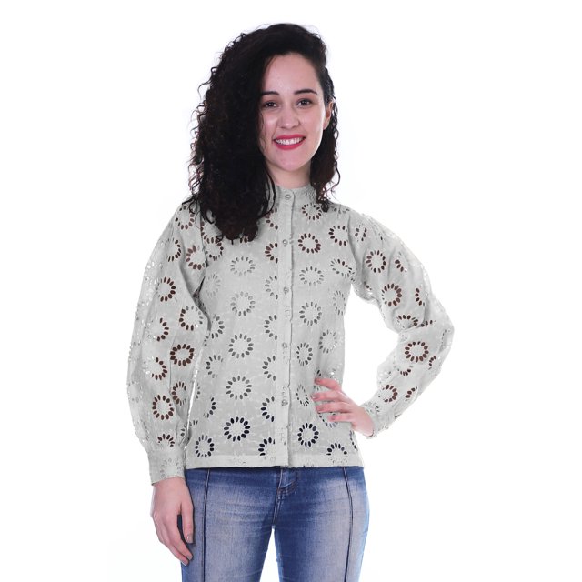 Moomaya Chemise Kurta d'Été Décontractée pour Femmes à Manches Longues en Coton Schiffli Uni à Boutons