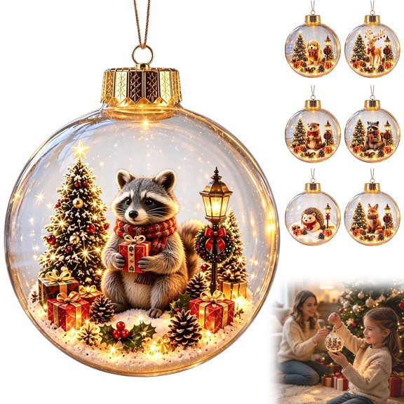 Light Up Animal Christmas Ball Ornament for Tree Decor, Glowing Christmas Balls Ornament with Mini Raccoon & LED Warm Lights, Clear Winter Scene Balls for Mantel Window, Holiday Keepsake