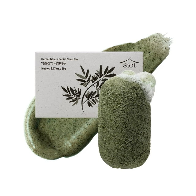 Barra de jabón facial SIOT Herbal Mucin | Hidratante y calmante con coco, jojoba, aceite de oliva, té verde y artemisa, limpiador hecho a mano para acné y piel sensible | 3.2ozX1ea