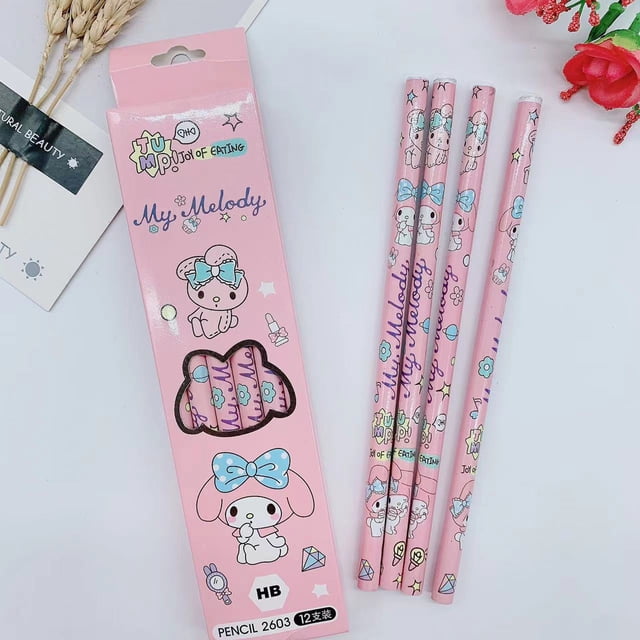 Sanrio-lápiz de Hello Kitty, papelería Cinnamoroll Kuromi My Melody, herramienta de aprendizaje de dibujos animados, negro, escritura y pintura, 12 piezas