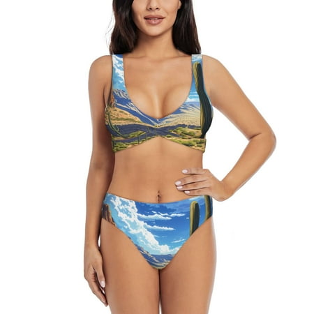 Zeuib Western Desert Cactus High Waisted Tummy Control Bikini Set - Knot Front Push Up Top & Cheeky Thong Bottom  Two-Piece Swimsuit for Women-Small
