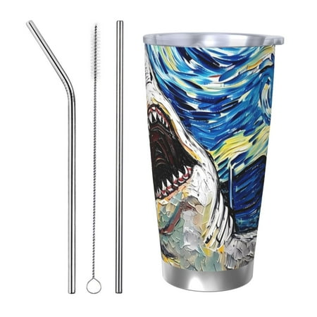 

KLL Vintage Starry Sky Shark Print 40oz Stainless Steel Insulated Car Cup with Spillproof Lid - Keep Your Drink Hot or Cold on the Go-Straw Three-piece Set