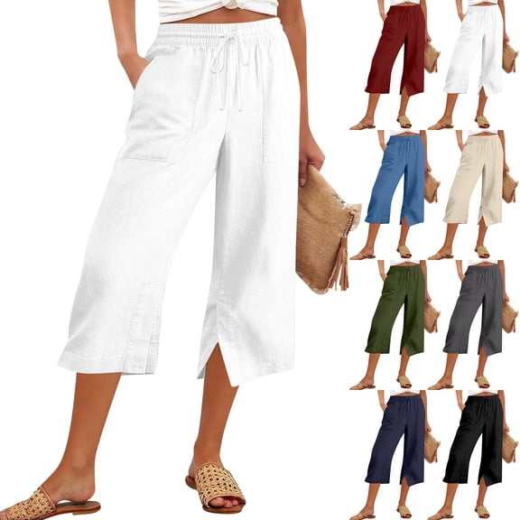 Side Slit Capris for Women Summer Wide Leg Pants Beach Casual Elastiv Wasited Trousers with Pockets Gray L