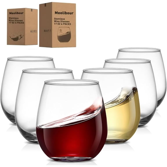 Large Stemless Wine Glasses Set of 6, 17 Ounces Red & White Wine Glasses Tumbler for Party, Clear Drink Glasses, Ideal Wine Accessories Gift, Lead-free, Dishwasher Safe