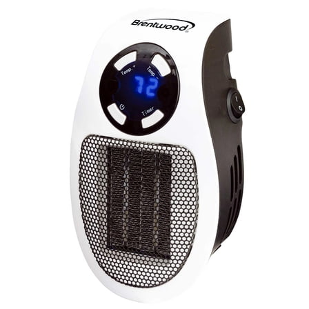Brentwood 350W Plug-In Wall Outlet Personal Space Heater in White with Adjustable Temperature and Timer