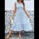 thumbnail image 4 of Vestido Bohemio de Verano para Mujer, con Rayas, Volantes, Tirantes Finos, Holgado, y Fruncido. Azul L, 4 of 10