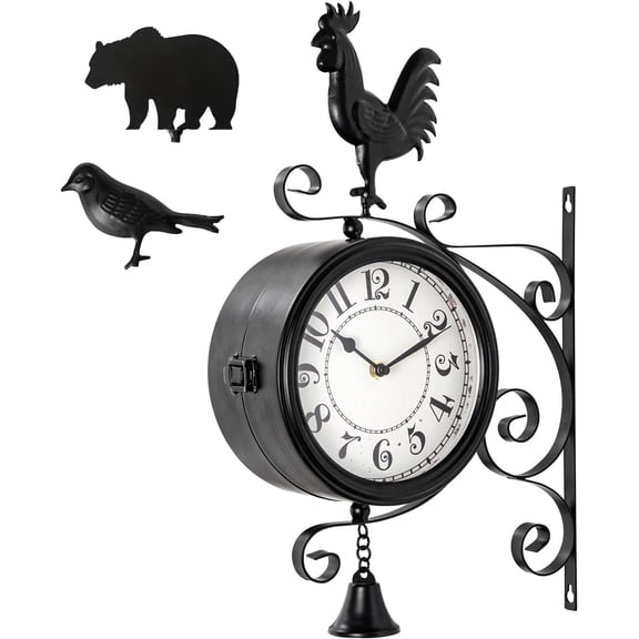 Outdoor Post Clock with Interchangeable Rooster Bird and Bear Accessories, Double-Sided Hanging Farmhouse Iron Clock with Bell for Outdoor Garden Porch and Indoor Decor 13x18