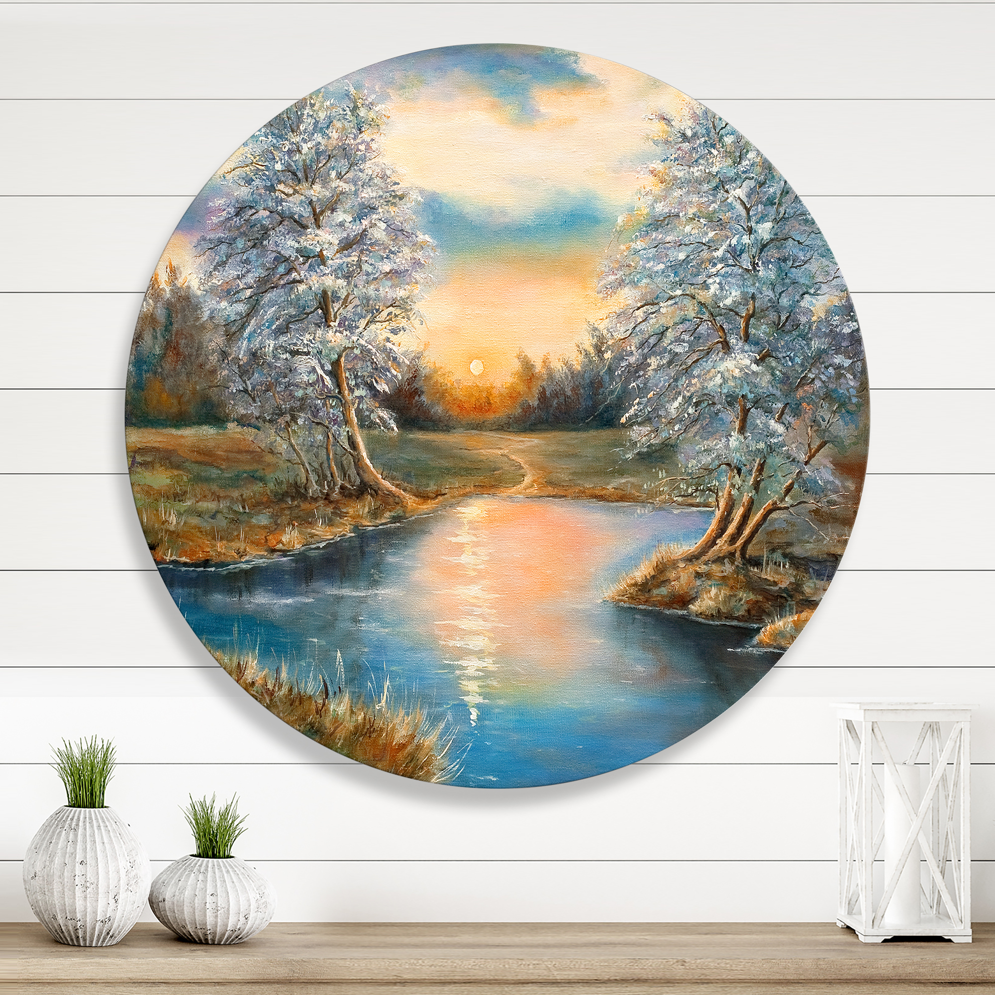 Designart 'Birches In The Autumn Woods Sunset' Lake House Circle Metal Wall Art 11x11 - Disc of 11