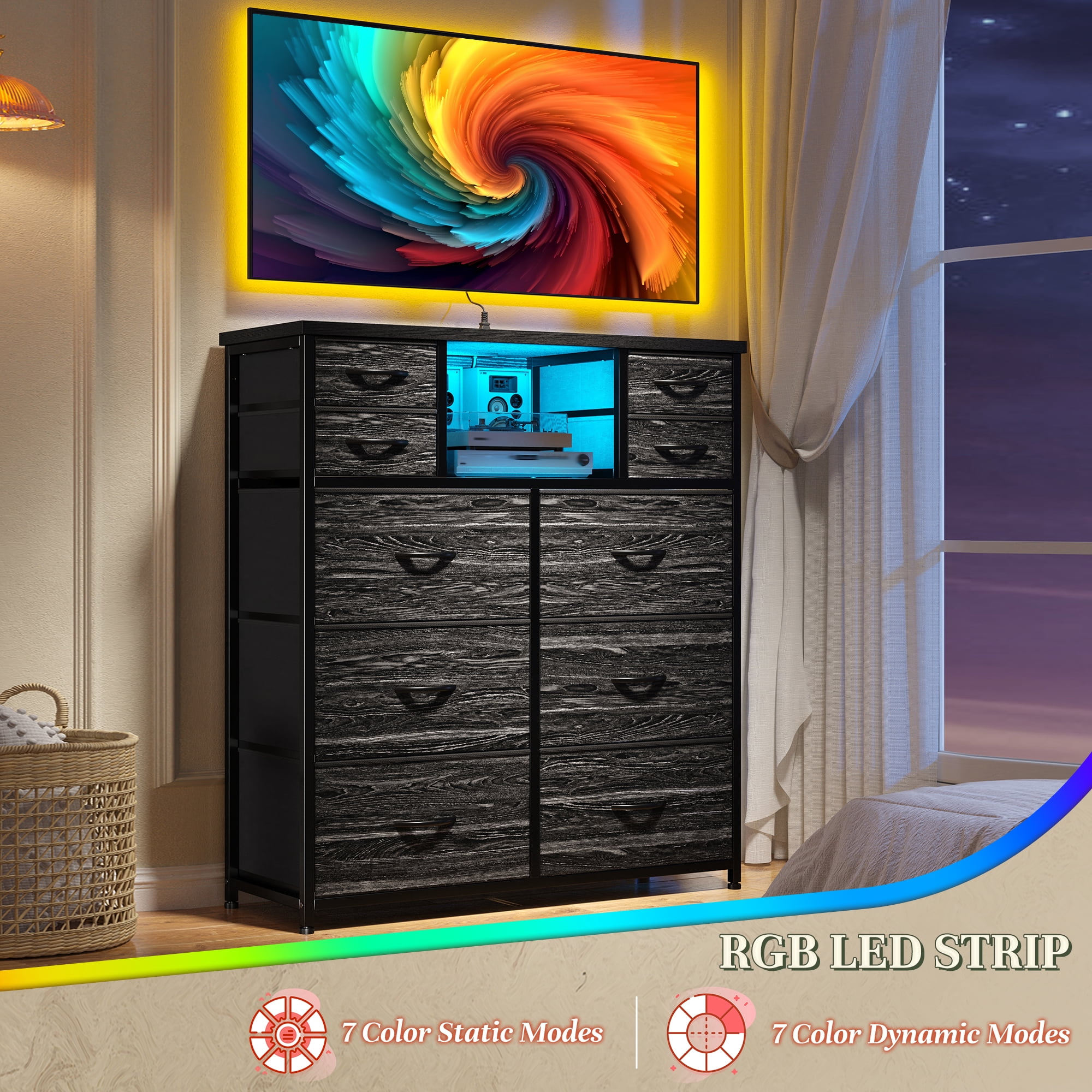 Enhomee Black Dresser for Bedroom with LED Lights & Charging Station Tall Chest of 10 Fabric Drawers with Storage Shelves