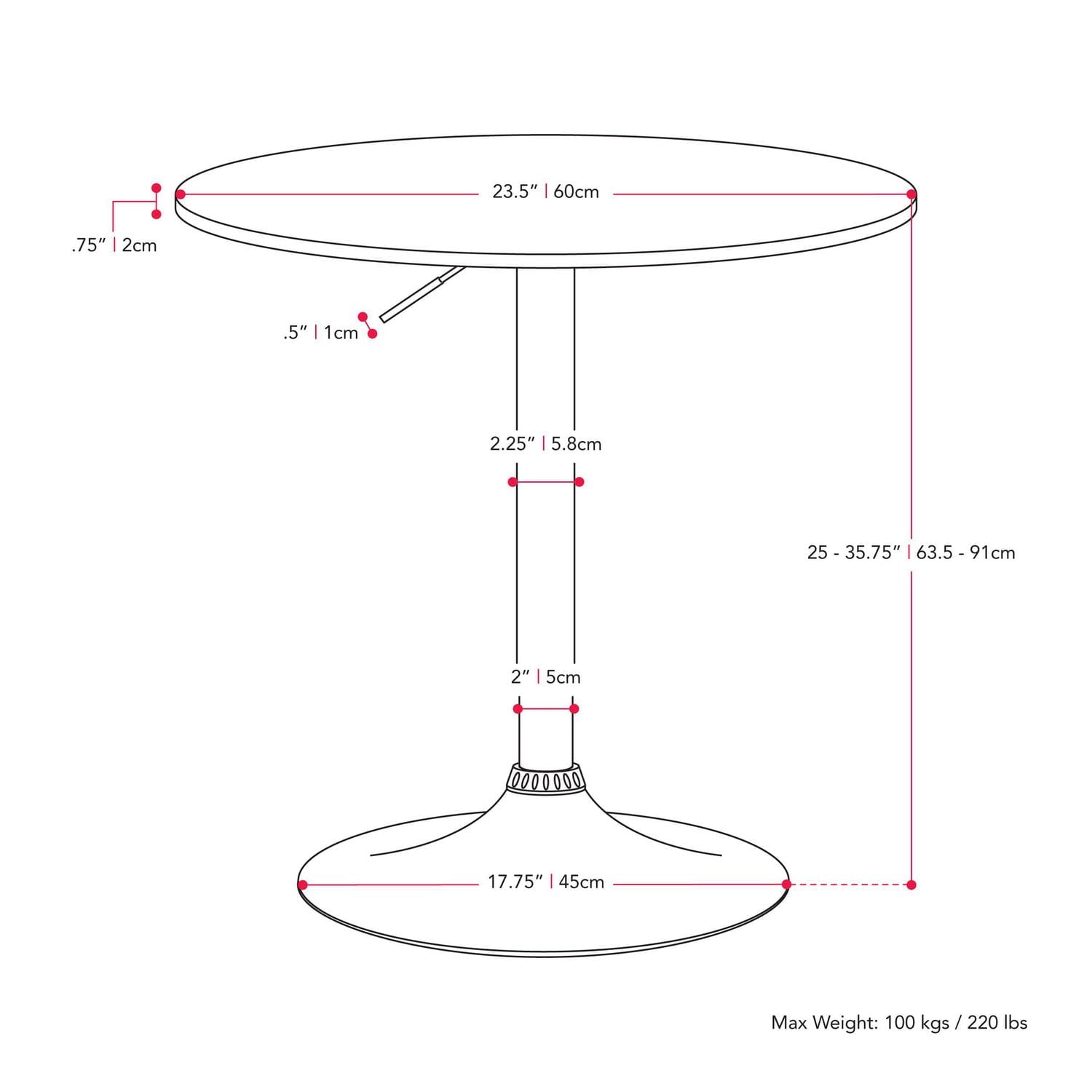Table de bar d'intérieur ronde à hauteur réglable Maya de CorLiving avec base pivotante et piédestal en métal