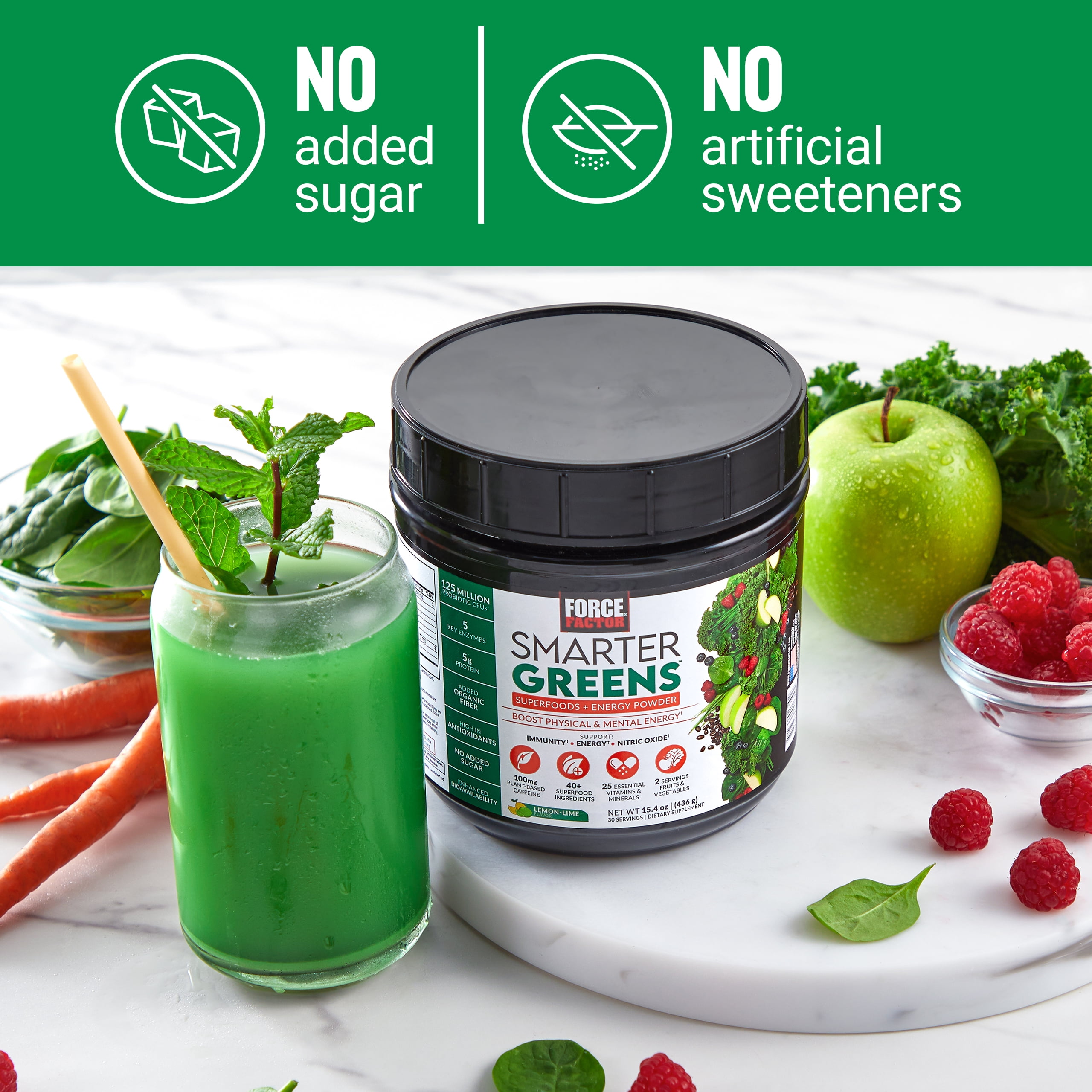 Force Factor Smarter Greens Superfoods Energy Powder, Greens Powder with Caffeine and Probiotics for Energy & Digestion, Lemon Lime, 30 Servings
