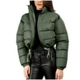 thumbnail image 2 of Women's Cropped Puffer Jackets Trendy Zip Up Jackets Warm Stand Collar Down Coat with Drawstring Hem Olive Green M, 2 of 7