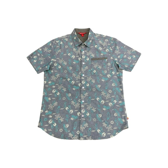 Mens Blue Tropical Palm Flamingo Toucan Short Sleeve Button-Front Shirt Medium