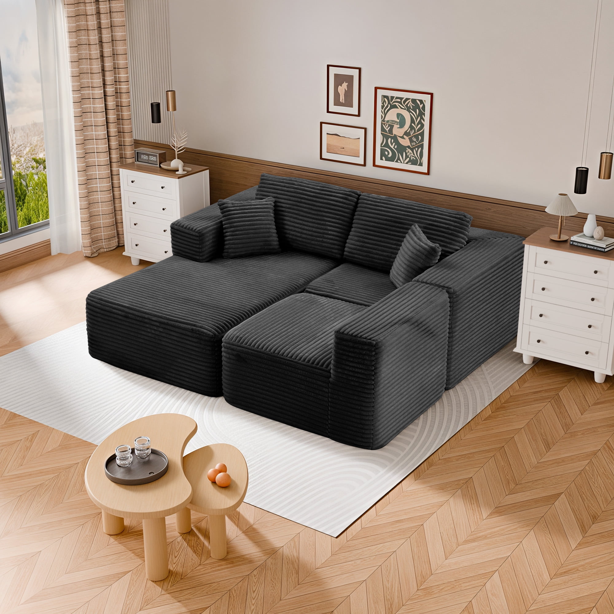 MAYEERTY Corduroy Sectional Couch, Comfy Modular Compression Sofa for Apartment & Living Room, 104×67" Gray