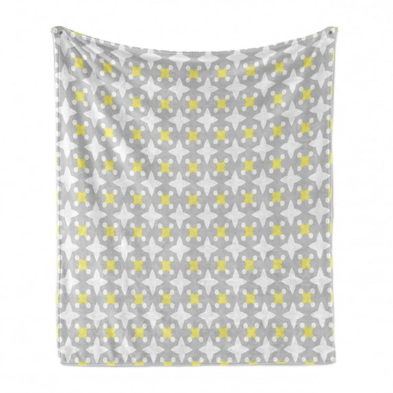 Grey and Yellow Soft Flannel Fleece Throw Blanket, Retro Geometric Vintage Design Star Shapes with Dots, Cozy Plush for Indoor and Outdoor Use, 50" x 70", Pale Yellow Warm Taupe, by Ambesonne