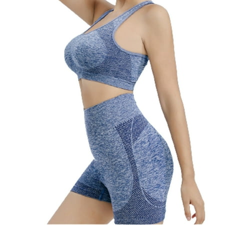 

Seamless Yoga Outfit Set High Waist Leggings with Sports Bra for Yoga Fitness Exercising Blue L