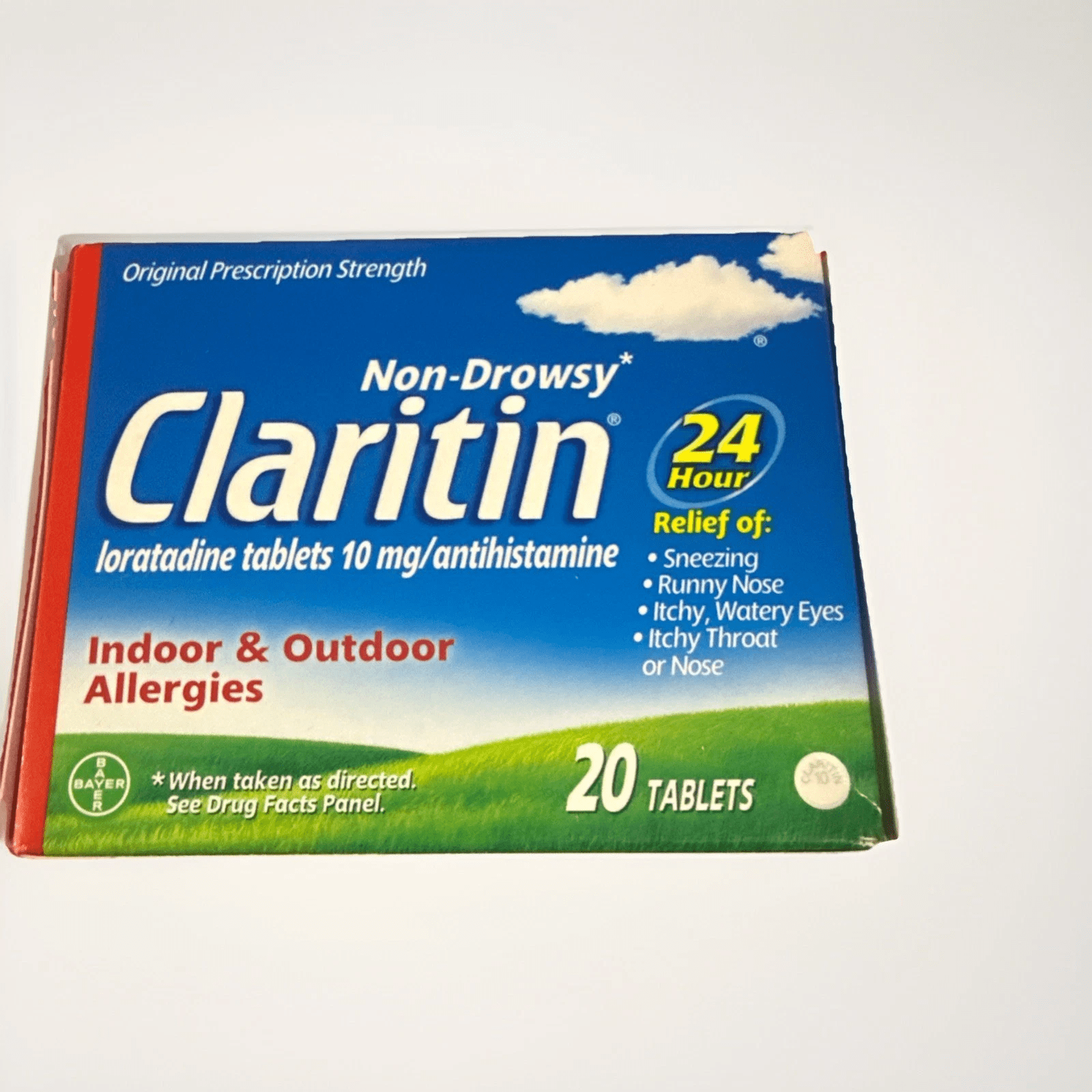 Claritin. Non-Drowsy 24 Hour, loratadine tablets 10 mg antihistamine Indoor & Outdoor Allergies, 20 Tablets (Box of 20)