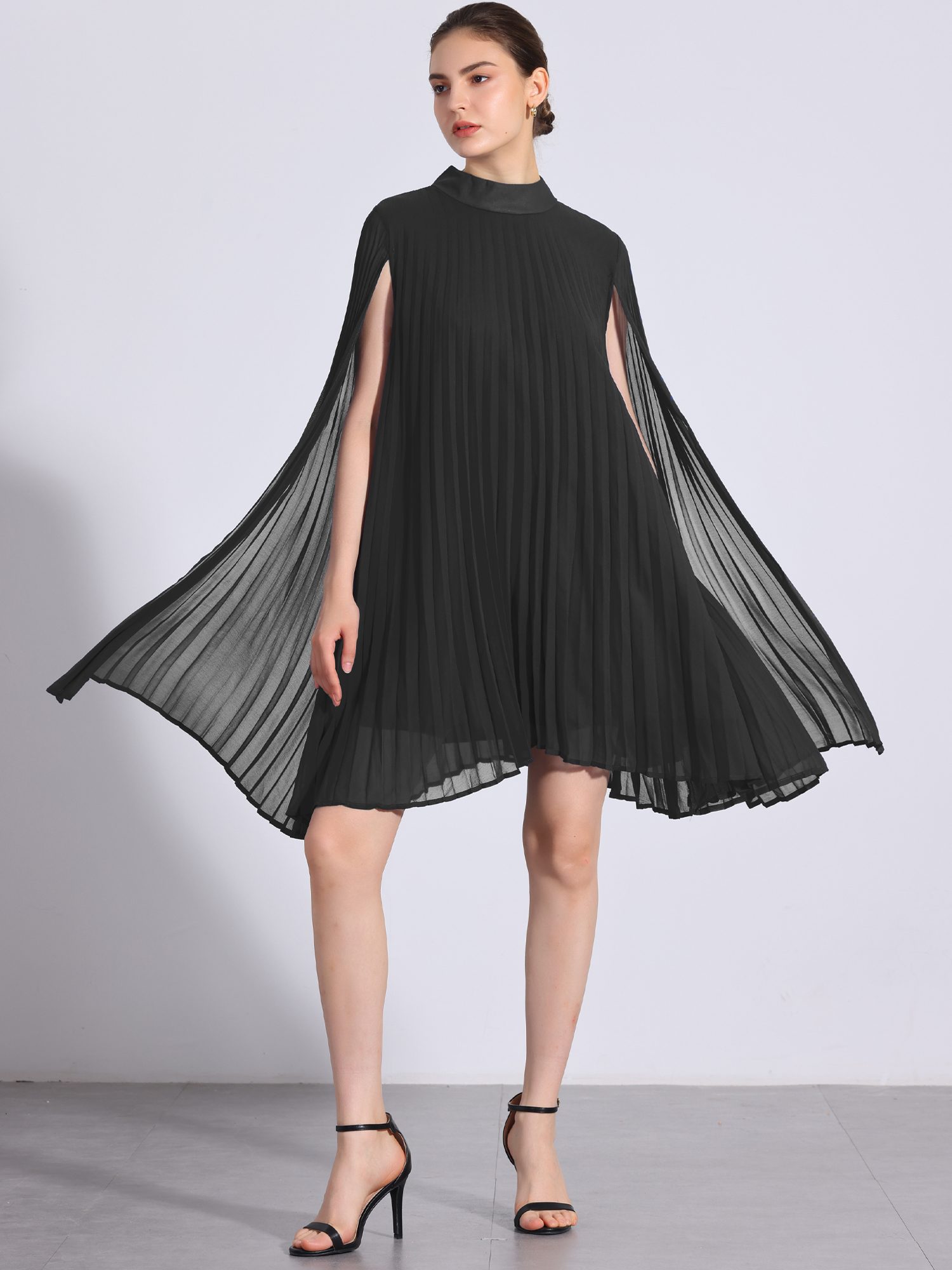 DARING DIVA Flowy Cloak Sleeve Cape Pleated Chiffon Dress XL Black