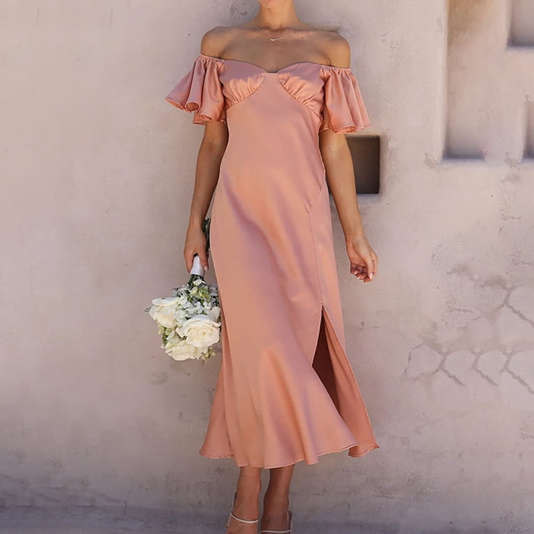 Summer SMihono Women's Off Shoulder Ruffle Sleeve Satin Silk Maxi Dress  Casual Loose Party Dresses Short Sleeve Round-Neck Ankle Dress Pink 8 -  Walmart.com