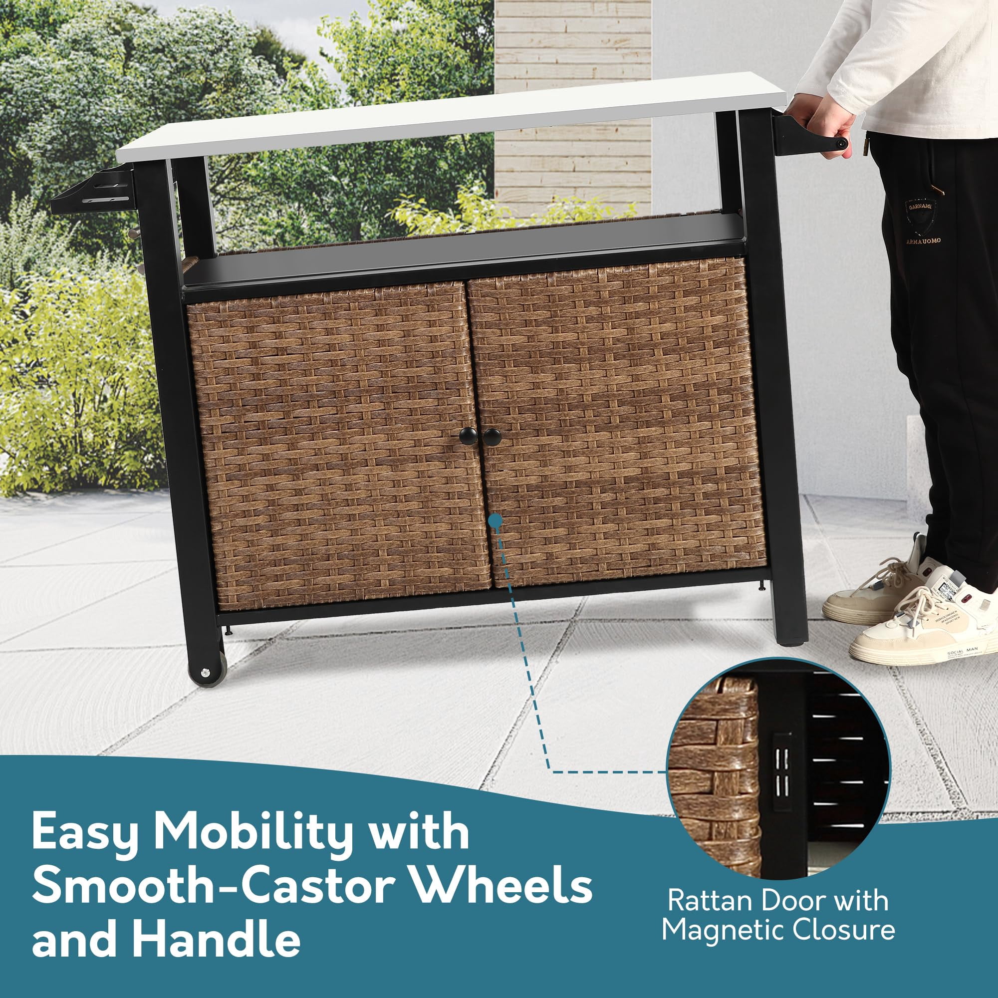 Homefun Outdoor Large Kitchen Rolling Cart Storage Wicker Island Cabinet Wheels Stainless Steel Extended Table Top bar