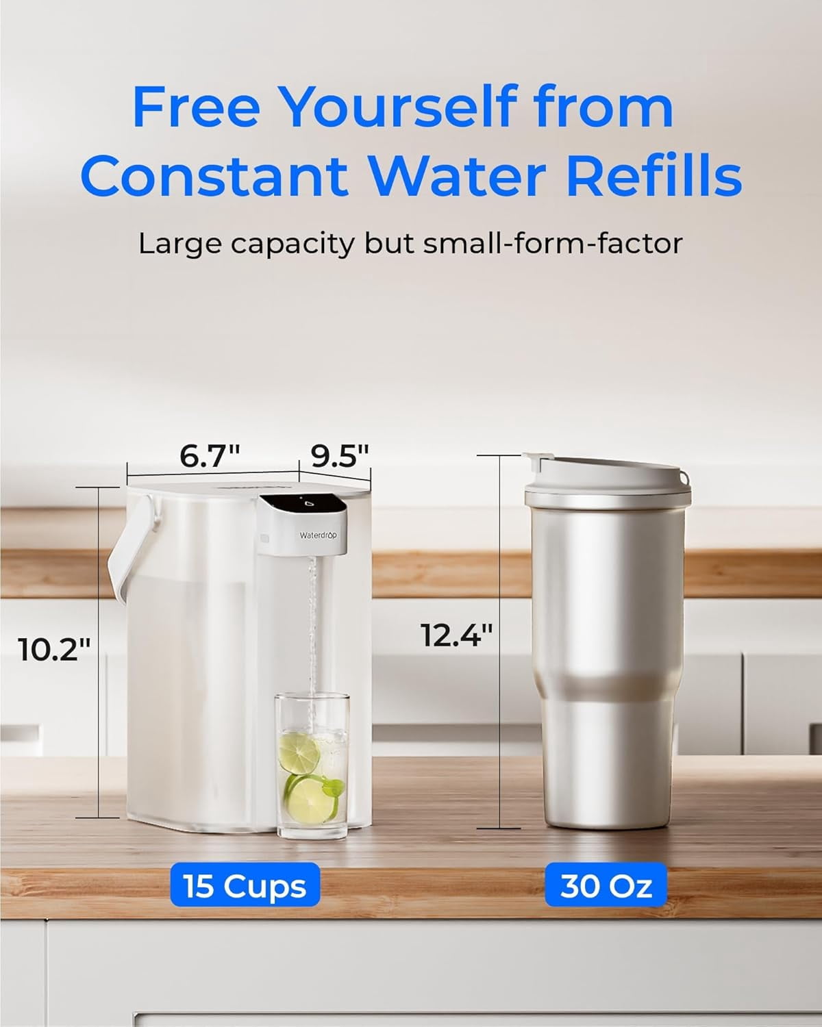 Waterdrop Electric Water Filter Pitcher, Dispenser, 200-Gallon, 5X Times Long-Life Countertop Water Filter System, NSF/ANSI 401&53&42, Reduce Chlorine, Lead, PFAS, 15-Cup, White, with 1 Filter