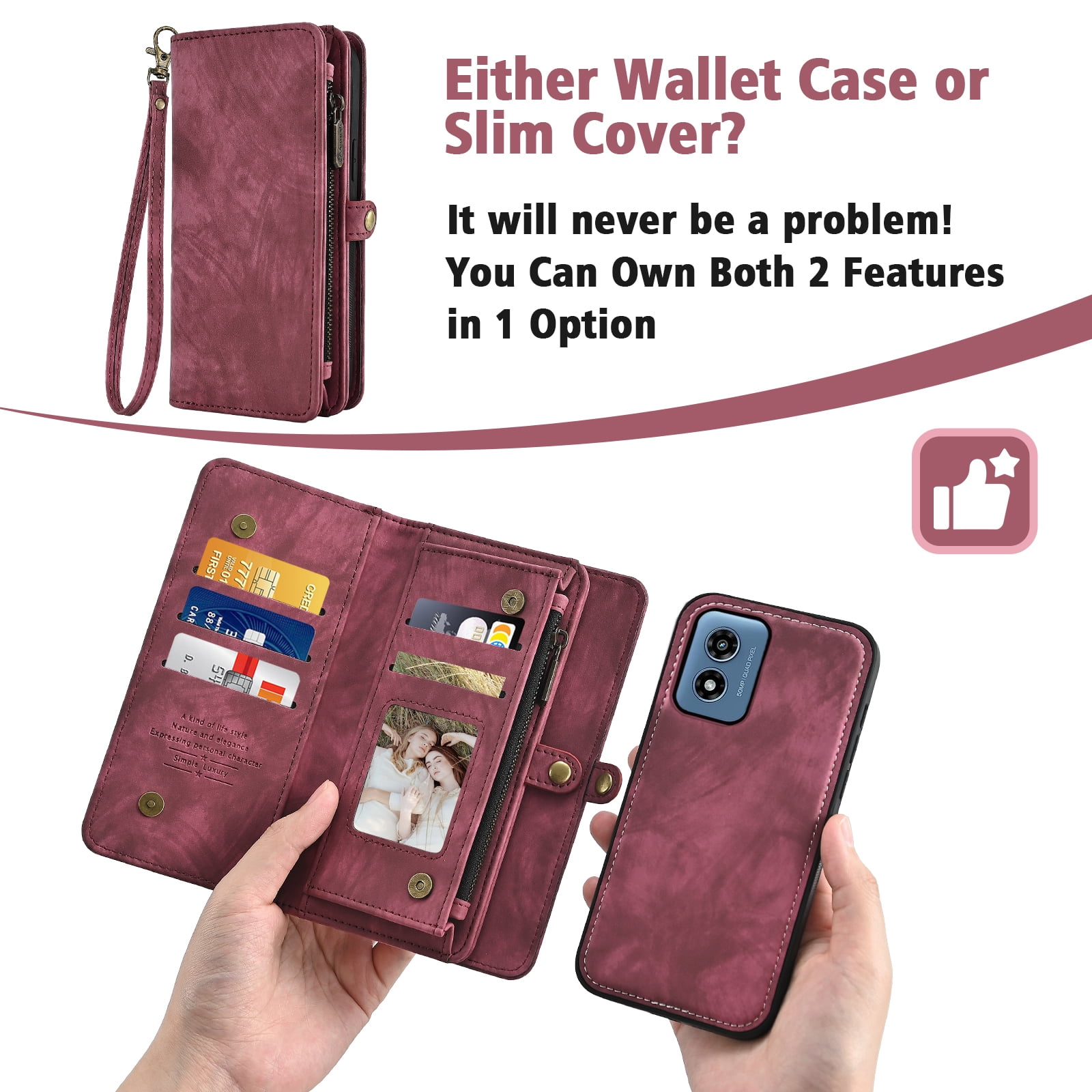 Asuwish Phone Case for Motorola Moto G Play 4G 2024 Zipper Wallet Detachable Cell Cover with Tempered Glass Screen Protector Crossbody Lanyard Strap Flip Card Holder XT2413V XT2413-1 64GB Women Red