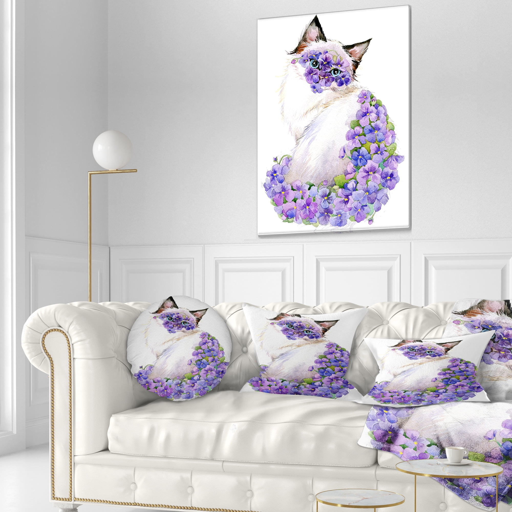 Designart Cute Cat with Blue Flowers - Animal Throw Pillow - 12x20