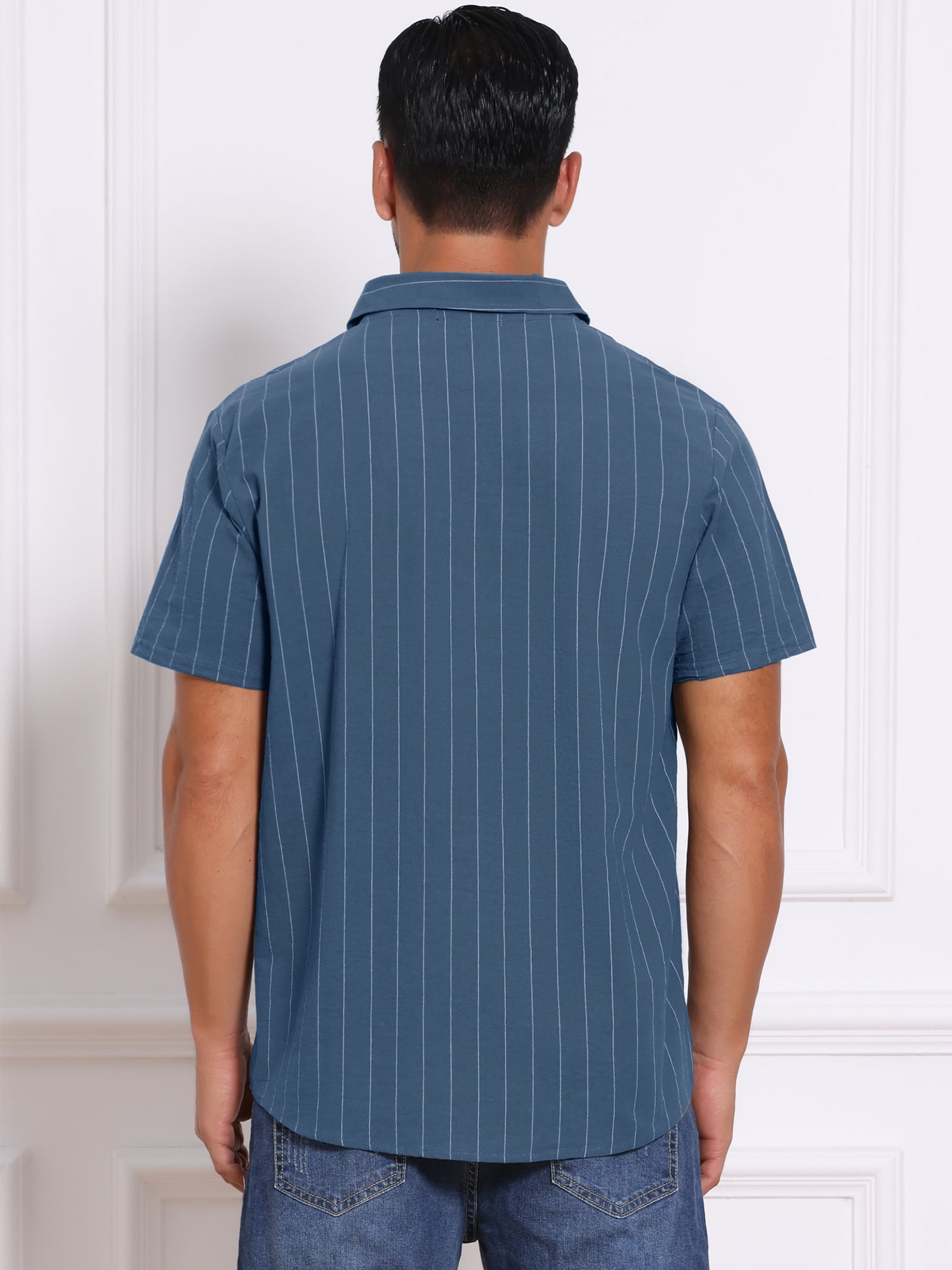 DARING DIVA Men's Point Collar Short Sleeve Button Down Stripes Shirts L Dark Blue