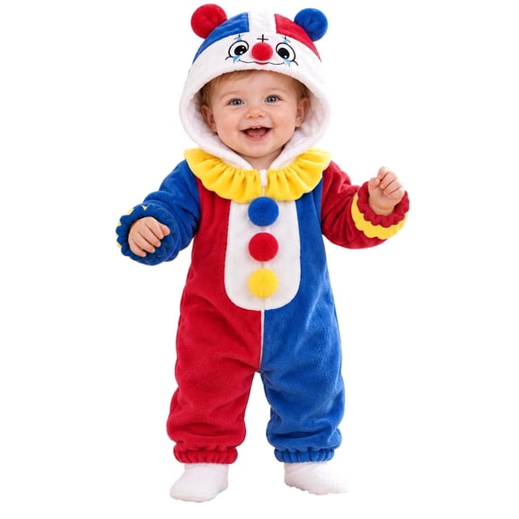 OJSFQUFP Baby Clown Toddler Fleece Hooded Jumpsuit Infant Color Block Cosplay Romper for Halloween Carnival Party
