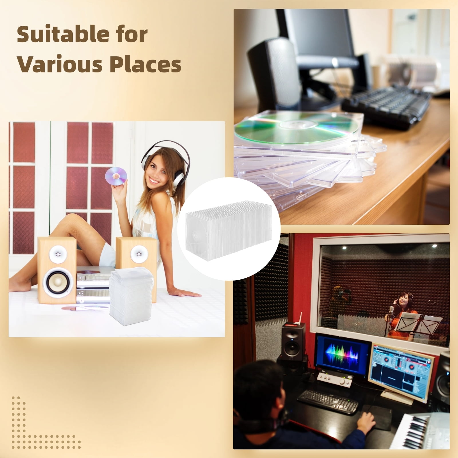 50 Pcs CD Jewel Cases, Clear Single Disc Cases with Transparent Insert Sleeves, Plastic CD DVD Protective Covers, Standard CD Storage Cases for Replacement