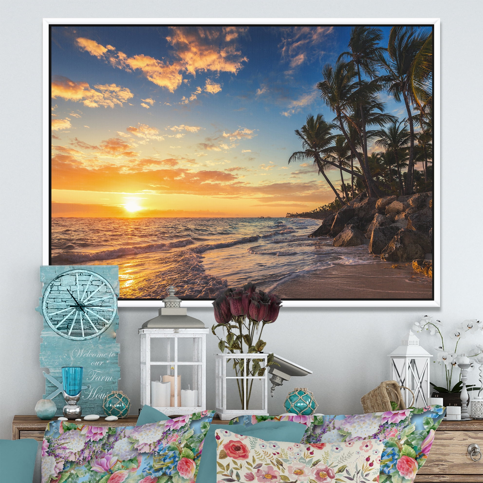 Designart ' Paradise Tropical Island Beach with Palms ' Extra Large Seascape Art Framed Canvas
