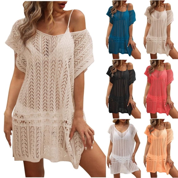 Bxsruta Women's V-Neck Loose Casual Short Sleeve Woven Beach Cover Up Dress for Summer
