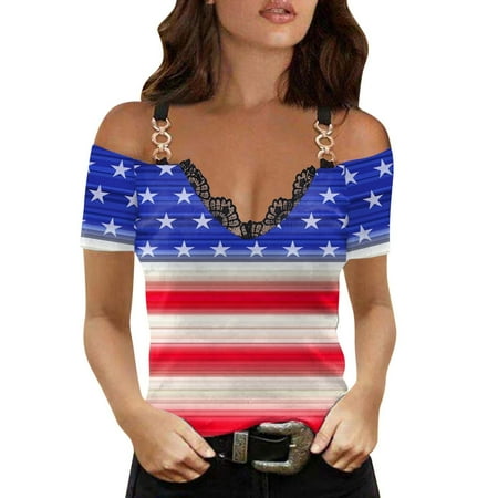 

Fashion Woman Causal V-Neck Independence Day Printing Blouse Lace Short Sleeve T-Shirt Summer Tops Cold Shoulder Corset Tops for Women Red M