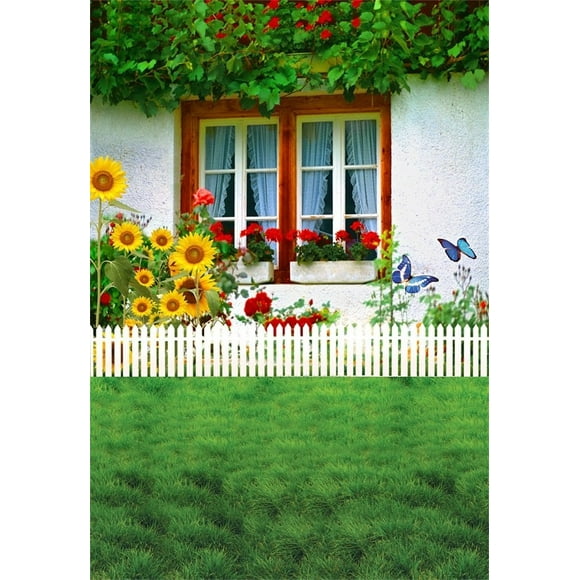 YUSDECOR Backdrop 5x7ft Photography Background Green Vine House Window Sunflowers Butterflies White Fence Green Grass Lawn Scenic Background Backdrop Video Photo Studio Props