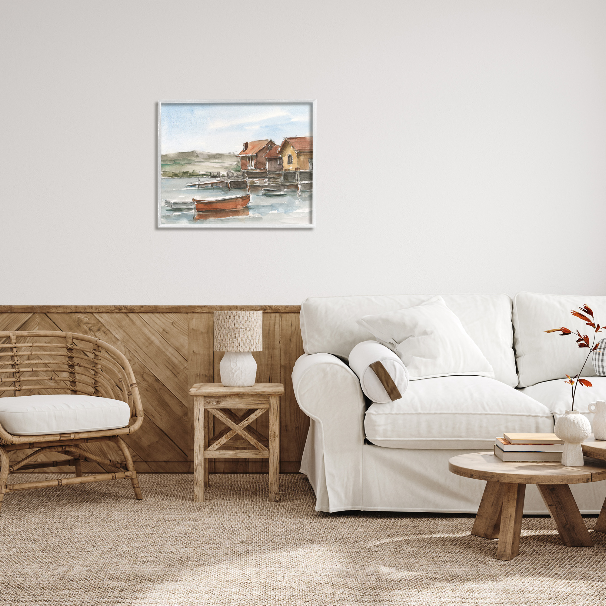 Stupell Industries Lake House Boats Landscape Painting White Framed Art Print Wall Art, 30 x 24