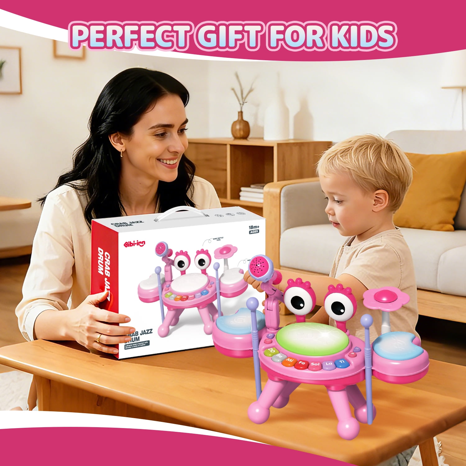 LINXUXIE Crab Drum Instruments Set, Kids Musical Toy with Microphone, Birthday Gifts for 1-3 3-5 5-8 Year Old