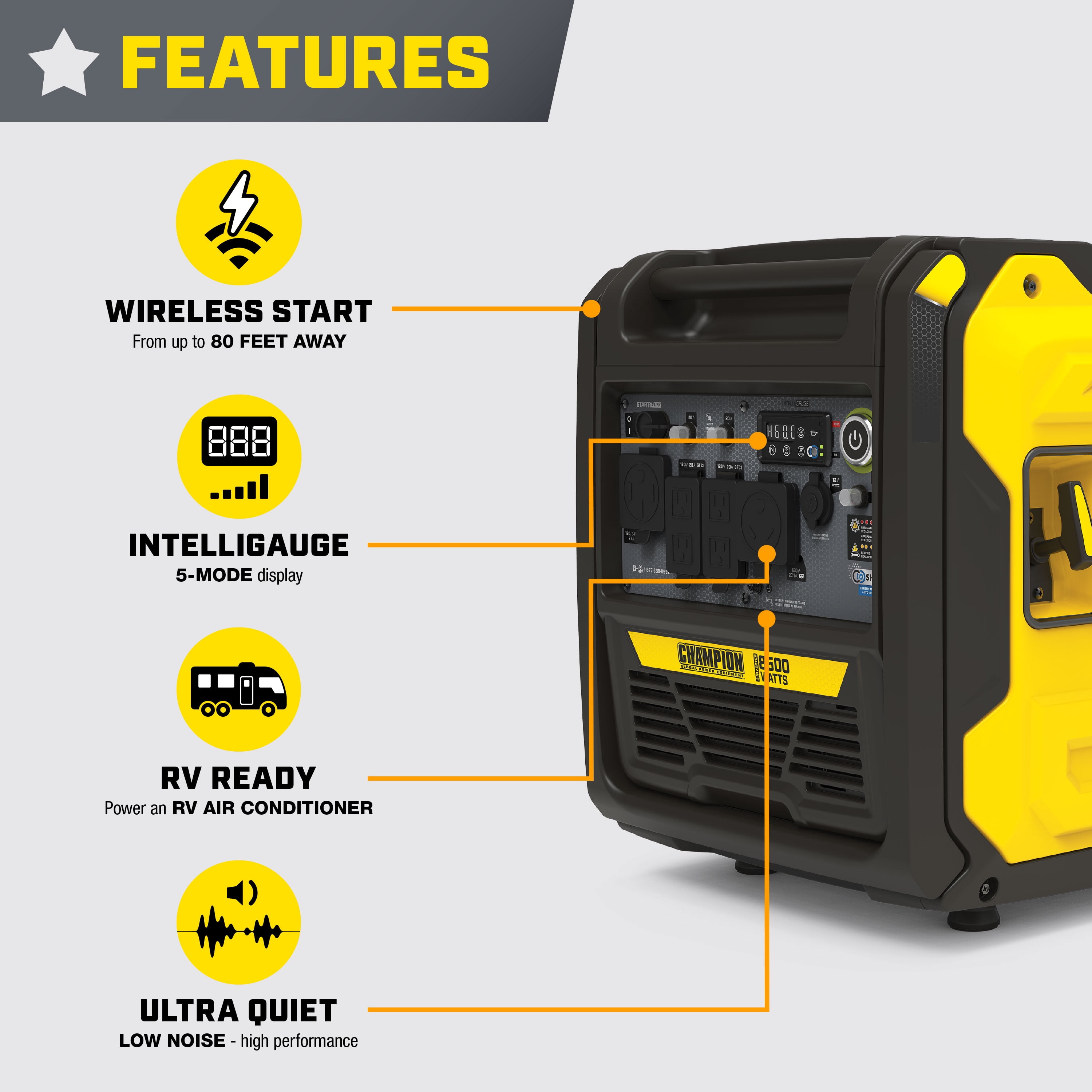 Champion Power Equipment 8500-Watt Wireless Remote Start Ultra Quiet RV Ready Portable Inverter Generator with StartLINK and CO Shield