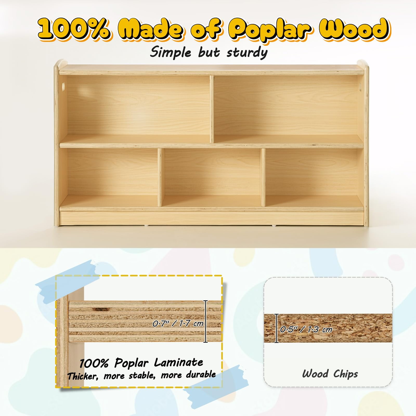 ROGALIS 2-Tier Wooden Montessori Cabinet, Freestanding Kids Bookshelf & Toy Storage Organizer, Rounded Corner & Anti-Tip Furniture for Nursery Playroom Classroom