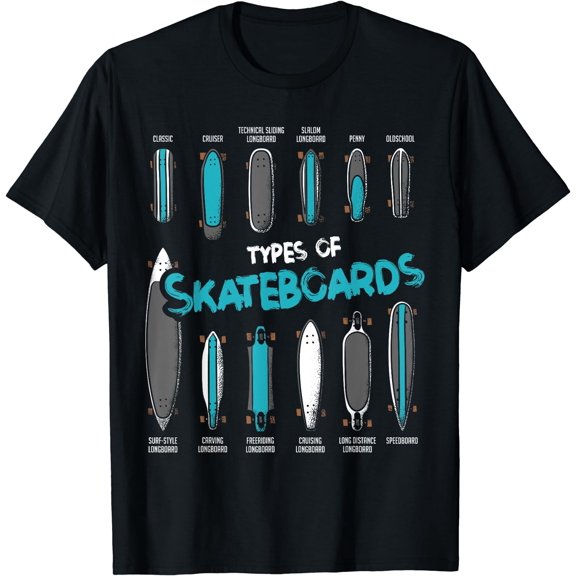 Types of Skateboards Retro Boy Girl Skateboard Gift T-Shirt Black X-Large
