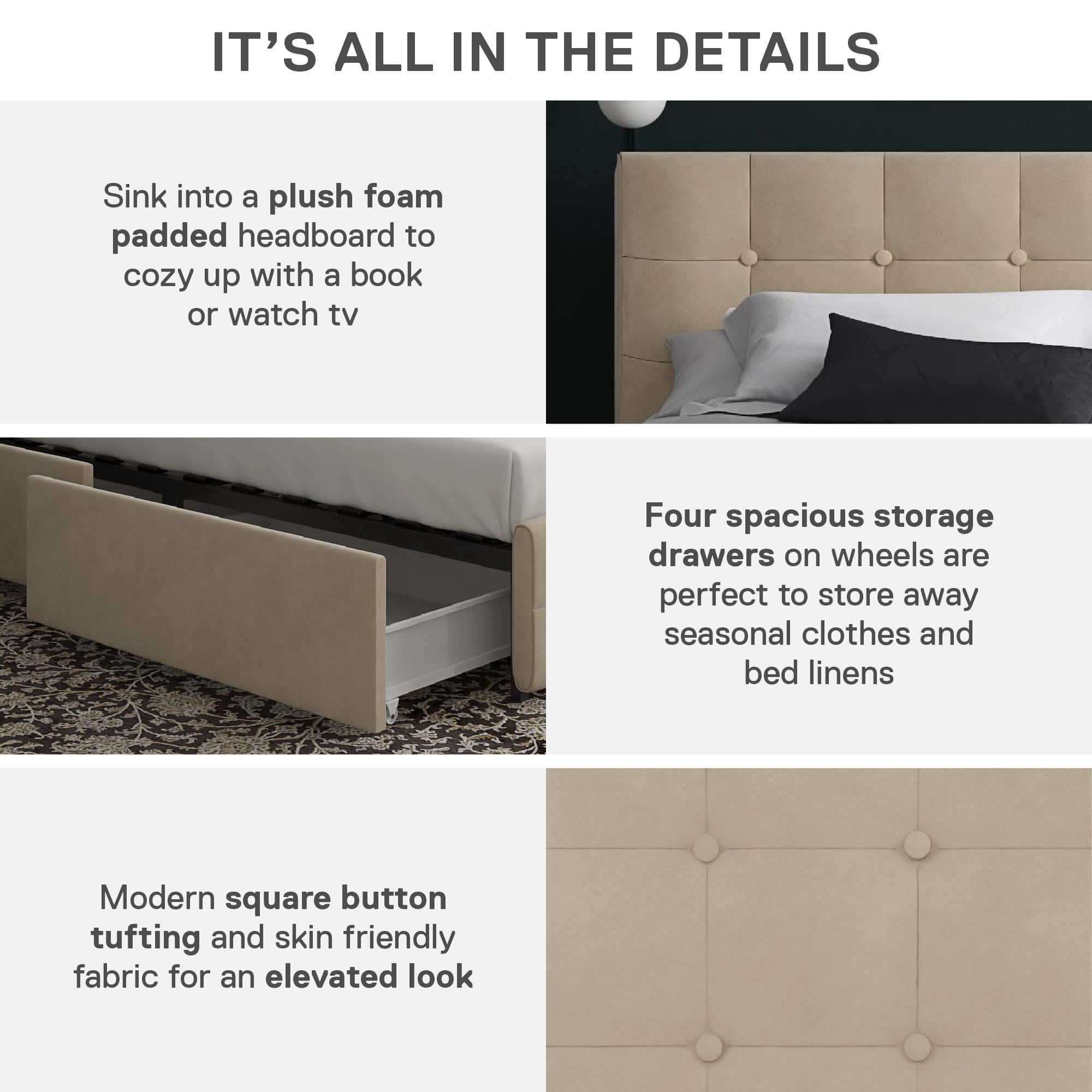DHP Rose Tufted Upholstered Storage Bed Frame, Full, Ivory Velvet