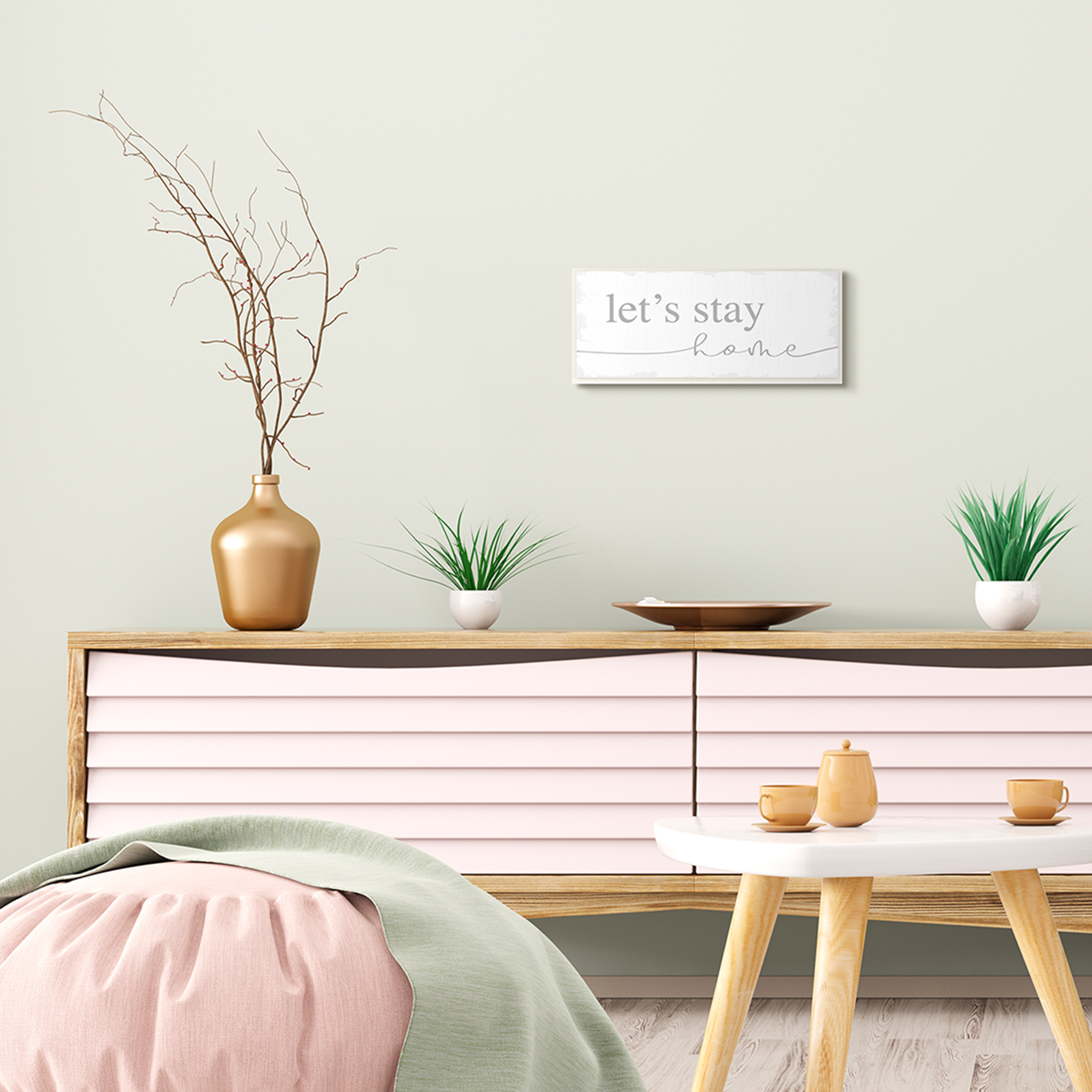Stupell Industries Let's Stay Home Phrase Soft Grey Distressed Inspirational Painting Unframed Art Print Wall Art, 7 x 17