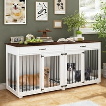 NARTRU 72.4" Large Double Dog Crate Furniture with Divider and 2 Drawers for 2 Medium or Large Dogs