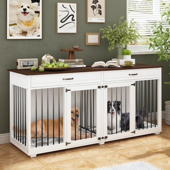 NARTRU 72.4" Large Double Dog Crate Furniture with Divider and 2 Drawers for 2 Medium or Large Dogs