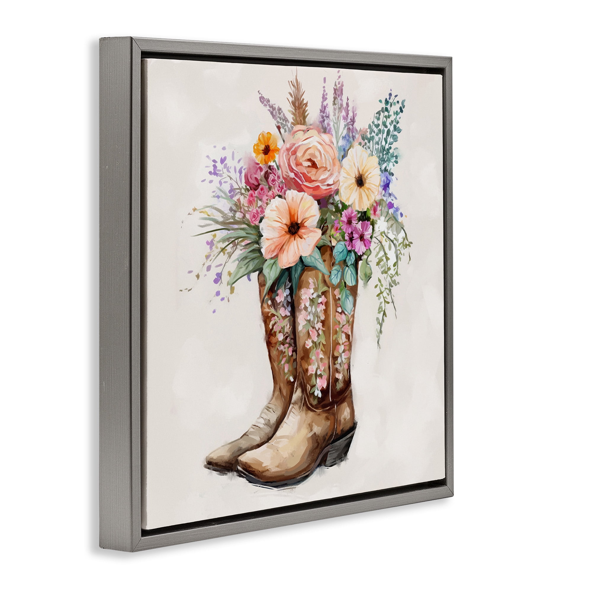 Stupell Industries Country Cowboy Boots Bouquet Botanical & Floral Painting Gray Floater Framed Canvas Art Print Wall Art, 18 x 18